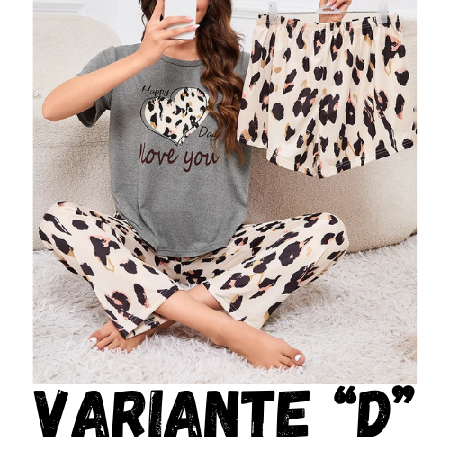 Women's Short Sleeve Crew Neck Top With Shorts And Pants 3 Piece Loungewear Sleepwear Lounge Sets Nighty Print Casual Pajama Set