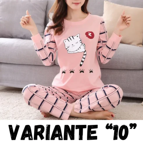 Autumn Thin 2pieces Pyjamas Set Women 2024 Cotton Round Neck Girls Bear Pajamas Sets Teacup Cat Full Sleepwear Tops Pajama Mujer