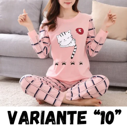 Autumn Thin 2pieces Pyjamas Set Women 2024 Cotton Round Neck Girls Bear Pajamas Sets Teacup Cat Full Sleepwear Tops Pajama Mujer