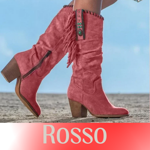 Women  High Boots Trend Retro Metal Buckle Pointed Toe Thick Heel Tassle Western Cowboy Boots Female Shoes Botas De Mujer 2024