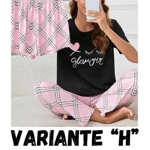 Women's Short Sleeve Crew Neck Top With Shorts And Pants 3 Piece Loungewear Sleepwear Lounge Sets Nighty Print Casual Pajama Set
