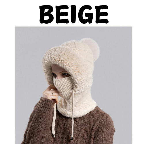 Women Winter Velvet Knitted Woolen Balaclava Hat Ear Protection fluffy Hat Mask Neck Integrated Warmth Cover Hat lady hooded cap