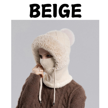 Women Winter Velvet Knitted Woolen Balaclava Hat Ear Protection fluffy Hat Mask Neck Integrated Warmth Cover Hat lady hooded cap