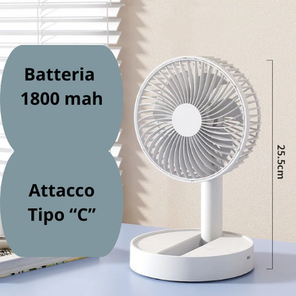 Mini ventilatore pieghevole a batteria ricaricabile USB con 4 velocità e temporizzazione.