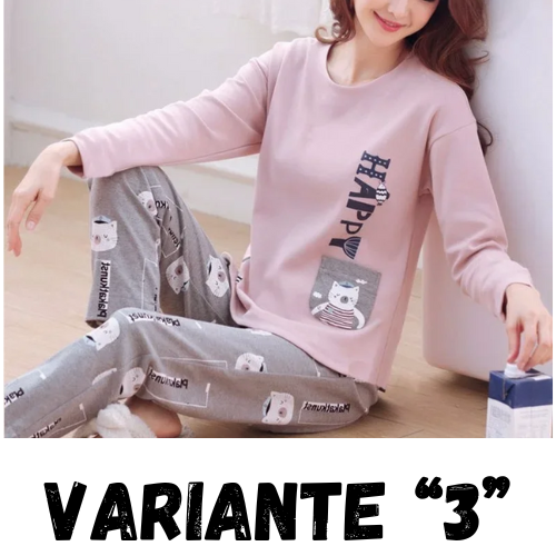 Autumn Thin 2pieces Pyjamas Set Women 2024 Cotton Round Neck Girls Bear Pajamas Sets Teacup Cat Full Sleepwear Tops Pajama Mujer