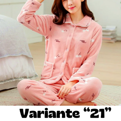 dot print Warm Pajamas Women Winter Flannel Pajama Sets For Female set Thick Korean Style Lovely Cartoon 2 Piece Tops+Pants