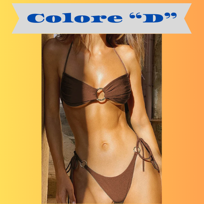 Rinabe Halter Swimwear Thongs Micro Bikini Pleated Swimsuit Bandage Bathing Suit Women Sexy Bikini Cut Out Beachwear Ring Bikini