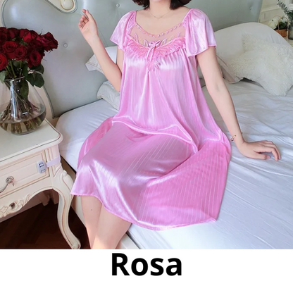 Ladies Ice Silk Nightgowns Sleeping Dress Medium Length Short Sleeve Nightdress Sexy Sleepwear Home Wear Loungewear Pyjama Femme