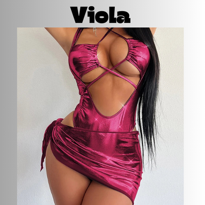 CHILLGIO Women Sexy Metallic Feeling Jumpsuits Skirts Clothing Sets Hollowed Bandage Halter Rompers Combi-pants Tight Bodysuits
