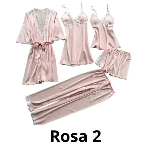 5PC Silk Robe Sleep Suit Womens Lace Satin Pajamas Gown Set V-Neck Cami Nighties Wear Pijama Home Nightwear Spring Nightdress