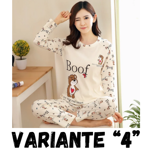 Autumn Thin 2pieces Pyjamas Set Women 2024 Cotton Round Neck Girls Bear Pajamas Sets Teacup Cat Full Sleepwear Tops Pajama Mujer