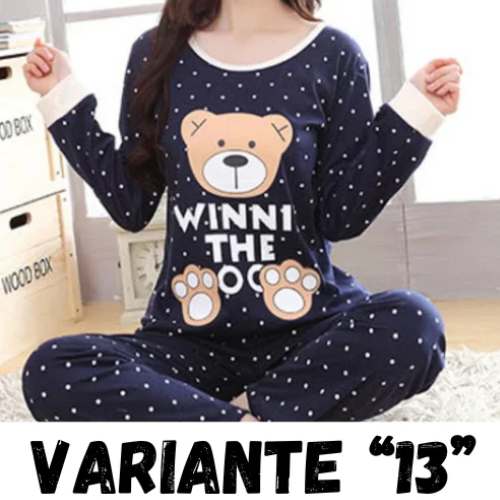 Autumn Thin 2pieces Pyjamas Set Women 2024 Cotton Round Neck Girls Bear Pajamas Sets Teacup Cat Full Sleepwear Tops Pajama Mujer