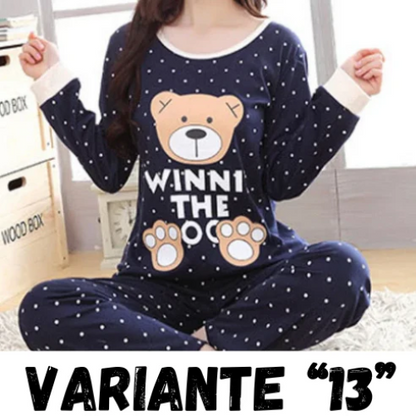 Autumn Thin 2pieces Pyjamas Set Women 2024 Cotton Round Neck Girls Bear Pajamas Sets Teacup Cat Full Sleepwear Tops Pajama Mujer
