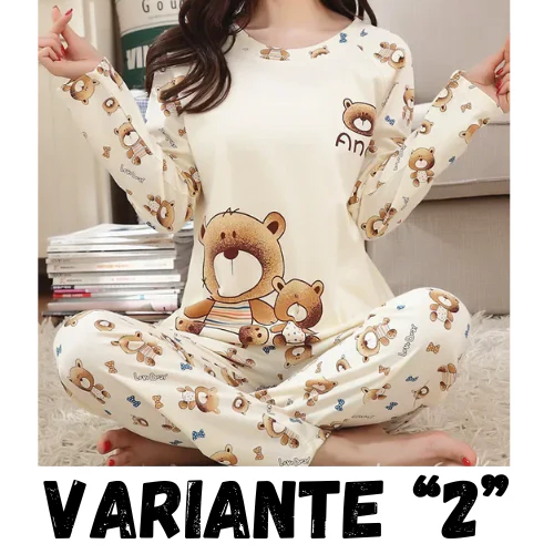 Autumn Thin 2pieces Pyjamas Set Women 2024 Cotton Round Neck Girls Bear Pajamas Sets Teacup Cat Full Sleepwear Tops Pajama Mujer