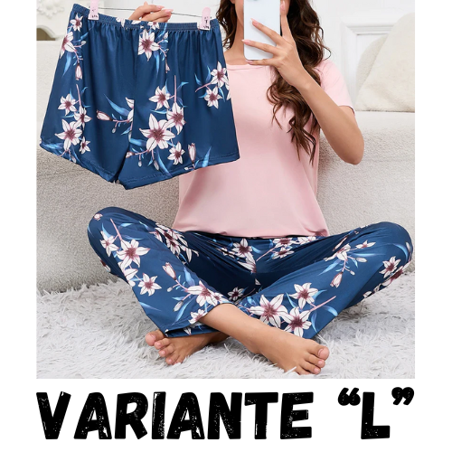 Women's Short Sleeve Crew Neck Top With Shorts And Pants 3 Piece Loungewear Sleepwear Lounge Sets Nighty Print Casual Pajama Set
