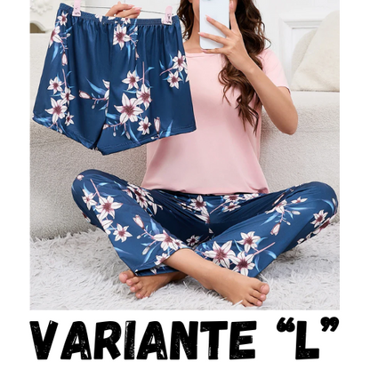 Women's Short Sleeve Crew Neck Top With Shorts And Pants 3 Piece Loungewear Sleepwear Lounge Sets Nighty Print Casual Pajama Set