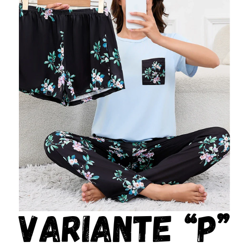 Women's Short Sleeve Crew Neck Top With Shorts And Pants 3 Piece Loungewear Sleepwear Lounge Sets Nighty Print Casual Pajama Set