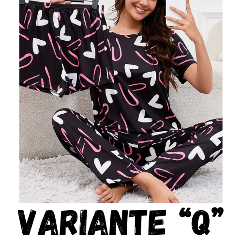 Women's Short Sleeve Crew Neck Top With Shorts And Pants 3 Piece Loungewear Sleepwear Lounge Sets Nighty Print Casual Pajama Set