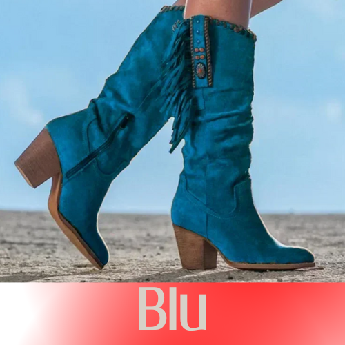 Women  High Boots Trend Retro Metal Buckle Pointed Toe Thick Heel Tassle Western Cowboy Boots Female Shoes Botas De Mujer 2024