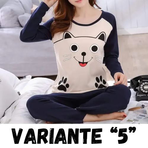 Autumn Thin 2pieces Pyjamas Set Women 2024 Cotton Round Neck Girls Bear Pajamas Sets Teacup Cat Full Sleepwear Tops Pajama Mujer