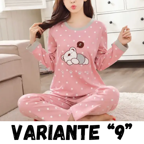 Autumn Thin 2pieces Pyjamas Set Women 2024 Cotton Round Neck Girls Bear Pajamas Sets Teacup Cat Full Sleepwear Tops Pajama Mujer