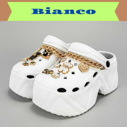 New Fashion Chain Black and White Bear High Heel Imitation Leather Pattern Clogs X8809