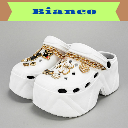 New Fashion Chain Black and White Bear High Heel Imitation Leather Pattern Clogs X8809