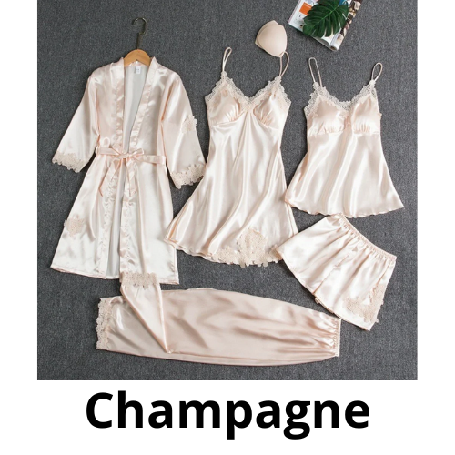 5PC Silk Robe Sleep Suit Womens Lace Satin Pajamas Gown Set V-Neck Cami Nighties Wear Pijama Home Nightwear Spring Nightdress