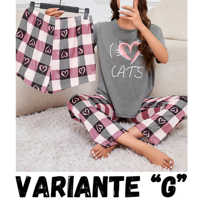 Women's Short Sleeve Crew Neck Top With Shorts And Pants 3 Piece Loungewear Sleepwear Lounge Sets Nighty Print Casual Pajama Set