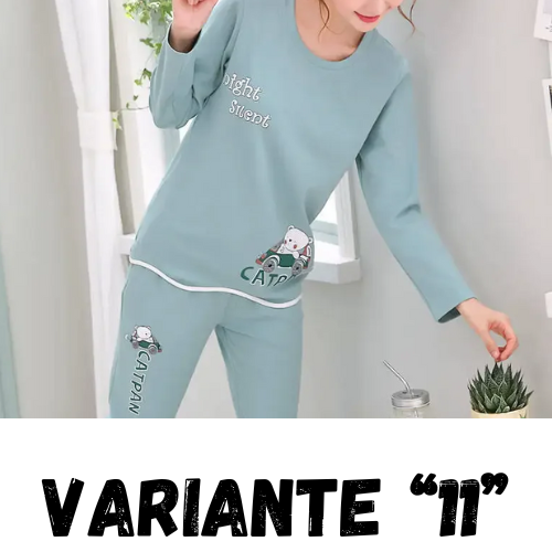 Autumn Thin 2pieces Pyjamas Set Women 2024 Cotton Round Neck Girls Bear Pajamas Sets Teacup Cat Full Sleepwear Tops Pajama Mujer