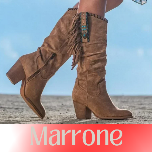 Women  High Boots Trend Retro Metal Buckle Pointed Toe Thick Heel Tassle Western Cowboy Boots Female Shoes Botas De Mujer 2024