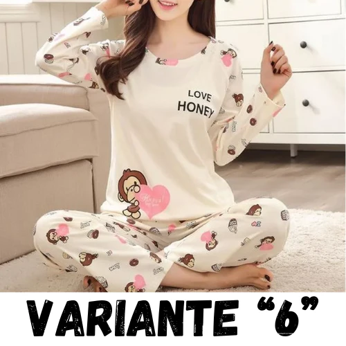 Autumn Thin 2pieces Pyjamas Set Women 2024 Cotton Round Neck Girls Bear Pajamas Sets Teacup Cat Full Sleepwear Tops Pajama Mujer