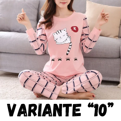 Autumn Thin 2pieces Pyjamas Set Women 2024 Cotton Round Neck Girls Bear Pajamas Sets Teacup Cat Full Sleepwear Tops Pajama Mujer