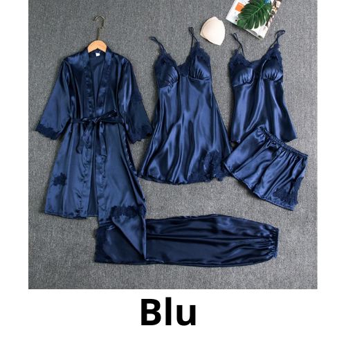 5PC Silk Robe Sleep Suit Womens Lace Satin Pajamas Gown Set V-Neck Cami Nighties Wear Pijama Home Nightwear Spring Nightdress