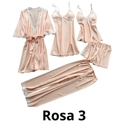 5PC Silk Robe Sleep Suit Womens Lace Satin Pajamas Gown Set V-Neck Cami Nighties Wear Pijama Home Nightwear Spring Nightdress