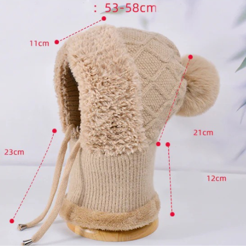 Women Winter Velvet Knitted Woolen Balaclava Hat Ear Protection fluffy Hat Mask Neck Integrated Warmth Cover Hat lady hooded cap