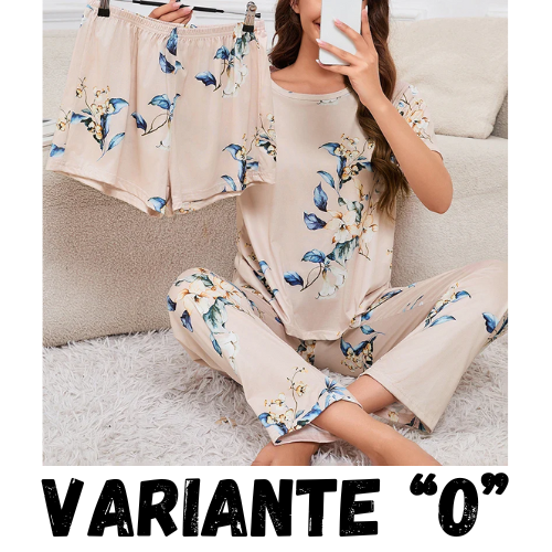Women's Short Sleeve Crew Neck Top With Shorts And Pants 3 Piece Loungewear Sleepwear Lounge Sets Nighty Print Casual Pajama Set