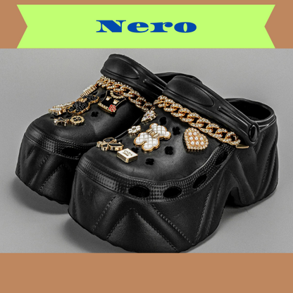 New Fashion Chain Black and White Bear High Heel Imitation Leather Pattern Clogs X8809