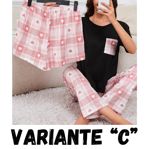 Women's Short Sleeve Crew Neck Top With Shorts And Pants 3 Piece Loungewear Sleepwear Lounge Sets Nighty Print Casual Pajama Set