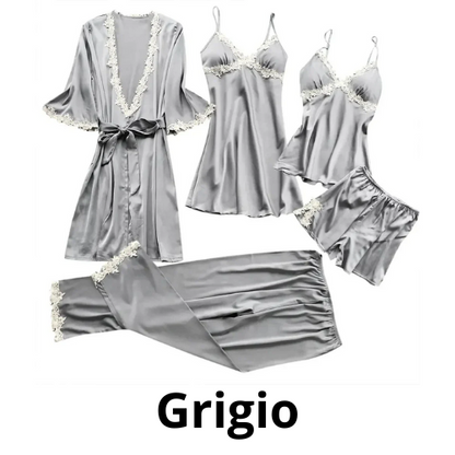 5PC Silk Robe Sleep Suit Womens Lace Satin Pajamas Gown Set V-Neck Cami Nighties Wear Pijama Home Nightwear Spring Nightdress