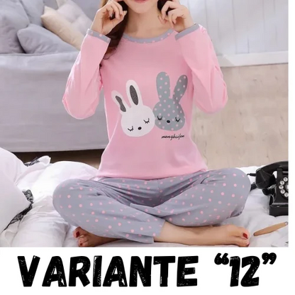 Autumn Thin 2pieces Pyjamas Set Women 2024 Cotton Round Neck Girls Bear Pajamas Sets Teacup Cat Full Sleepwear Tops Pajama Mujer