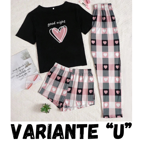 Women's Short Sleeve Crew Neck Top With Shorts And Pants 3 Piece Loungewear Sleepwear Lounge Sets Nighty Print Casual Pajama Set