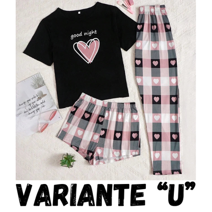Women's Short Sleeve Crew Neck Top With Shorts And Pants 3 Piece Loungewear Sleepwear Lounge Sets Nighty Print Casual Pajama Set