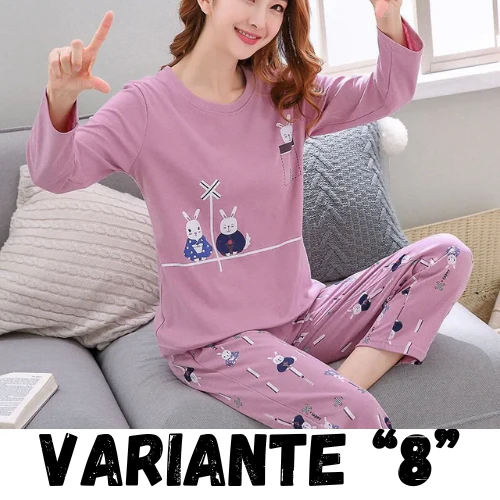 Autumn Thin 2pieces Pyjamas Set Women 2024 Cotton Round Neck Girls Bear Pajamas Sets Teacup Cat Full Sleepwear Tops Pajama Mujer
