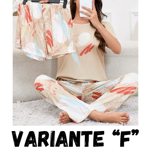 Women's Short Sleeve Crew Neck Top With Shorts And Pants 3 Piece Loungewear Sleepwear Lounge Sets Nighty Print Casual Pajama Set