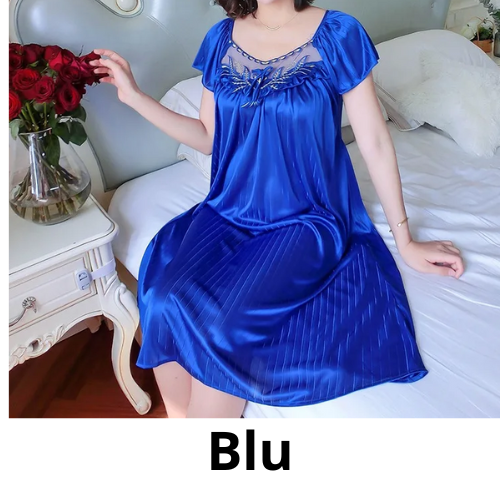 Ladies Ice Silk Nightgowns Sleeping Dress Medium Length Short Sleeve Nightdress Sexy Sleepwear Home Wear Loungewear Pyjama Femme