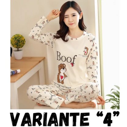 Autumn Thin 2pieces Pyjamas Set Women 2024 Cotton Round Neck Girls Bear Pajamas Sets Teacup Cat Full Sleepwear Tops Pajama Mujer