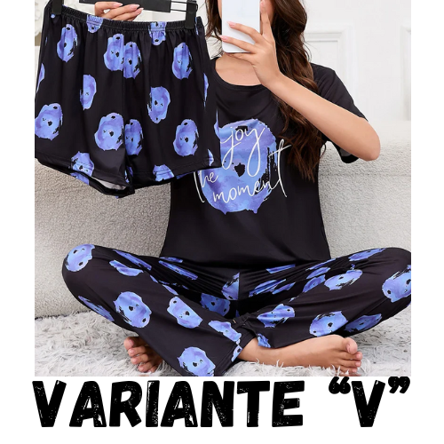 Women's Short Sleeve Crew Neck Top With Shorts And Pants 3 Piece Loungewear Sleepwear Lounge Sets Nighty Print Casual Pajama Set