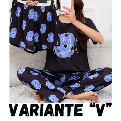 Women's Short Sleeve Crew Neck Top With Shorts And Pants 3 Piece Loungewear Sleepwear Lounge Sets Nighty Print Casual Pajama Set