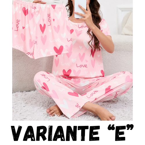 Women's Short Sleeve Crew Neck Top With Shorts And Pants 3 Piece Loungewear Sleepwear Lounge Sets Nighty Print Casual Pajama Set